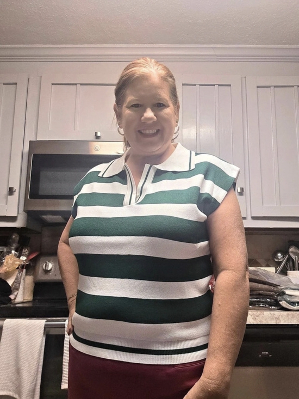 Women's Striped Polo Top in Green & White Like New